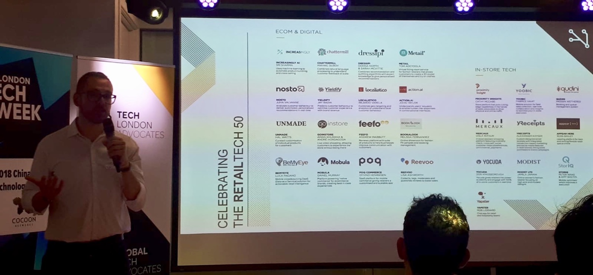 Image of Balint Szeplaki giving a talk at the London Tech Week event